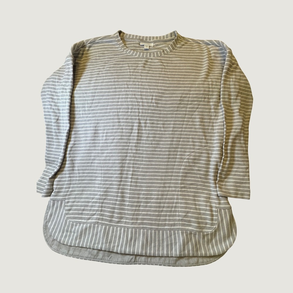 J. Jill Grey White Striped Ribbed Tunic Top Long Sleeve Crew Neck Petite XS